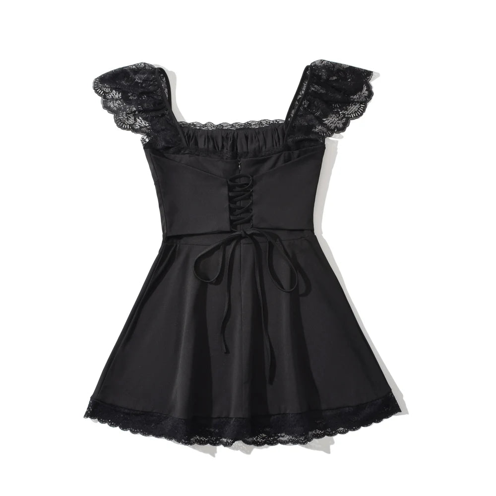 Ingvn  Woman Low Chest Ruched Square Collar Spliced Lace  Sleeve Dress Cross Lacing up Back Dresses Swing A-lined Short Robe Vestidos