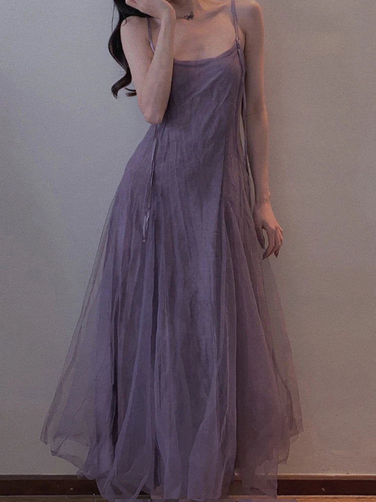 Ingvn  Slimming Effect Purple Mesh Ankle-Length Dress Women's plus Size Strapless Gown Korean Style High Waist A-Line Skirt