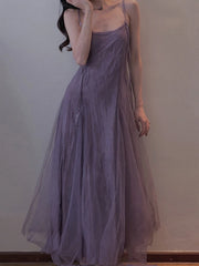 Ingvn  Slimming Effect Purple Mesh Ankle-Length Dress Women's plus Size Strapless Gown Korean Style High Waist A-Line Skirt