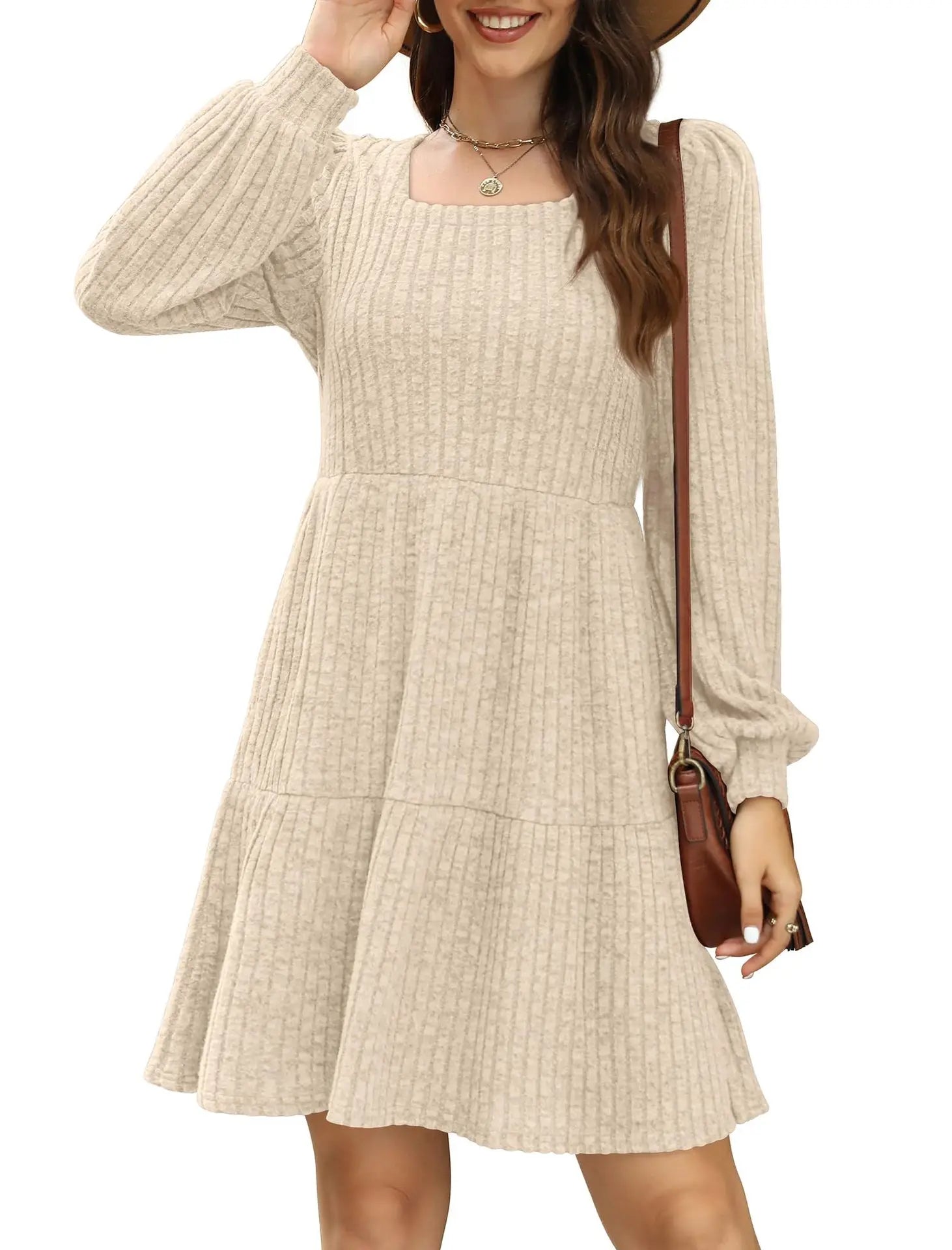 Ingvn  European and American Women's Square Collar Long Sleeve Autumn Dress Casual Baby Sweater