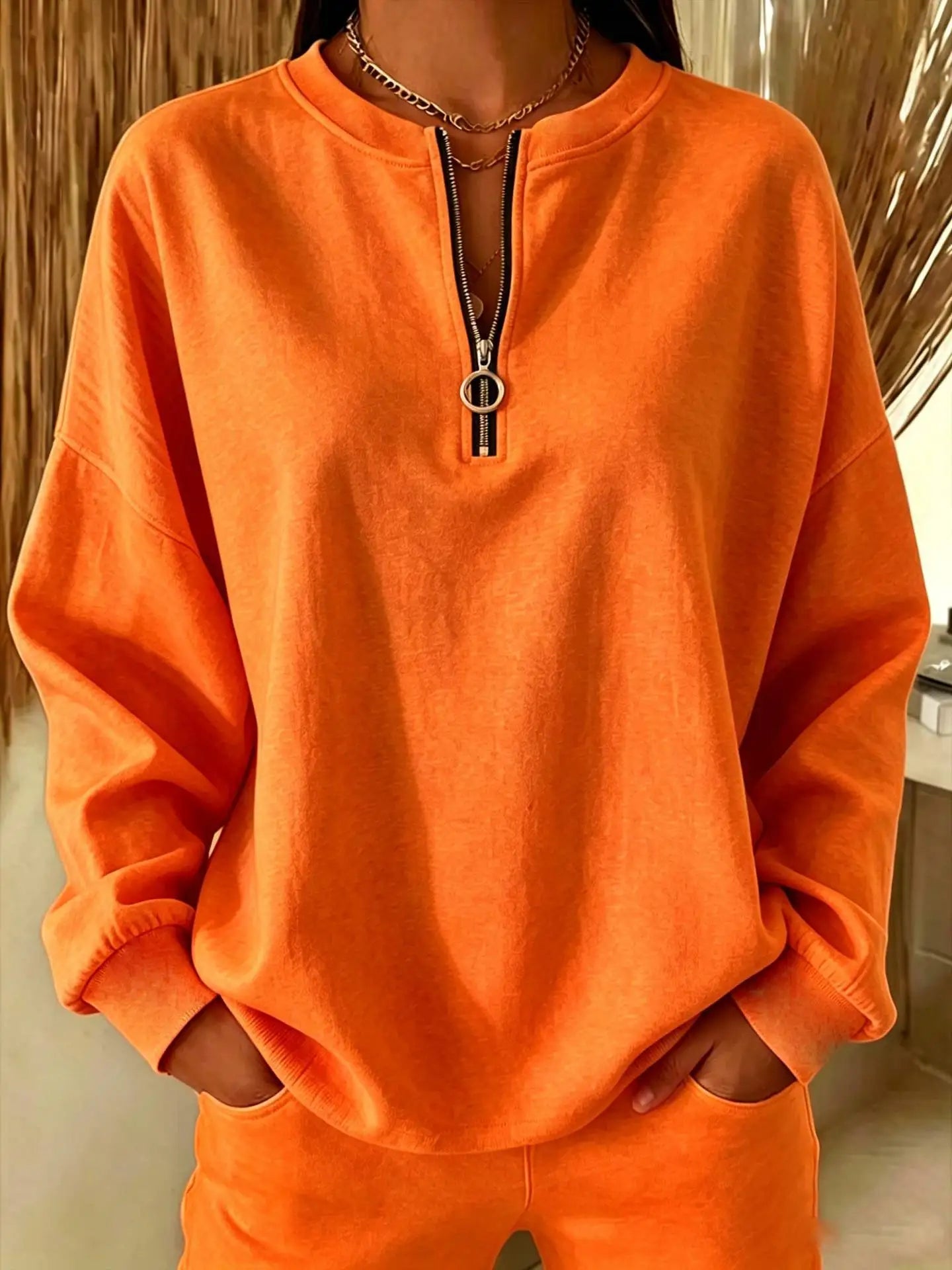 Ingvn - Women Round Neck Half Zip Sweatshirt Long Sleeve Loose Pullover Casual Fall Daily Top