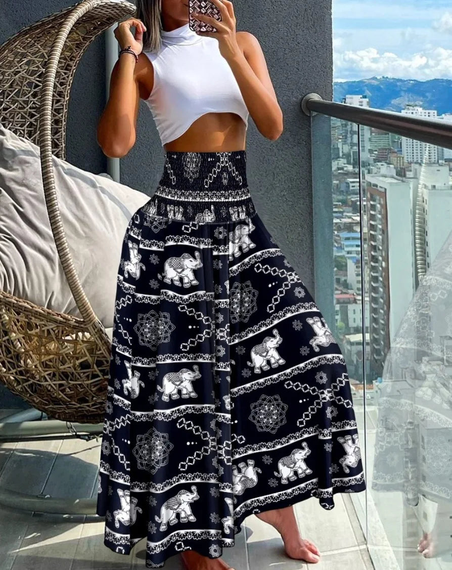 Ingvn  Fashion Cotton Women Floral Print Skirt Side Tie Beach Skirts Summer High Waist Wrap Flower Long Skirt