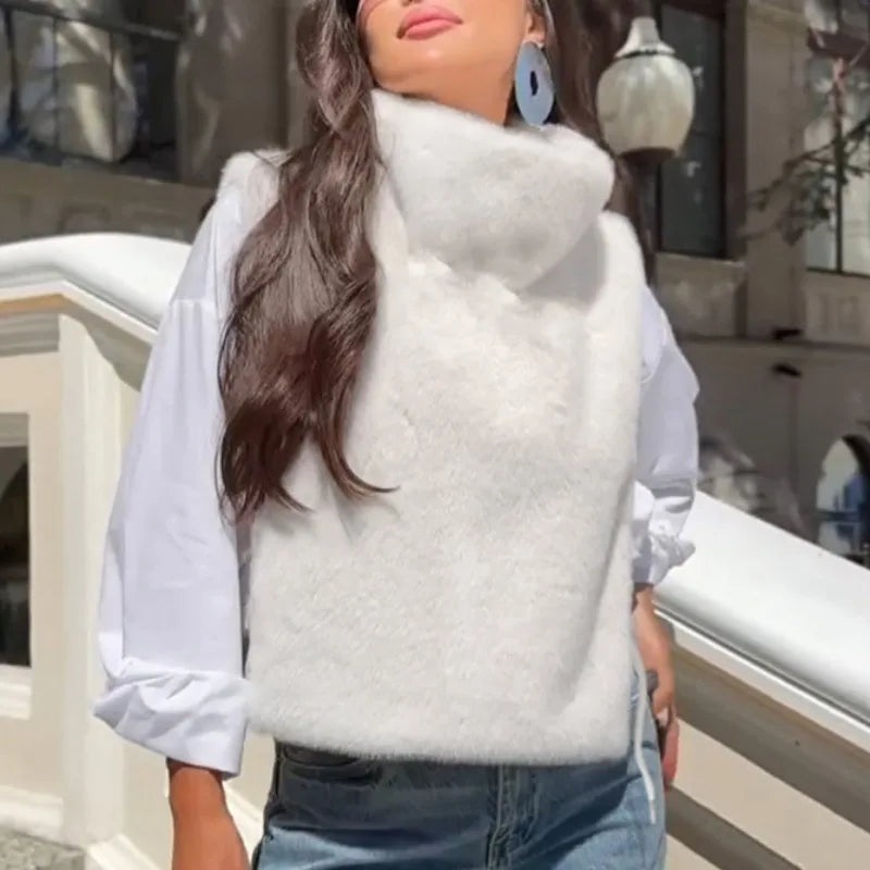 Ingvn - Women  Faux Mink Fur Vest High Neck Warm Sleeveless Waistcoat Elegant Casual Outerwear