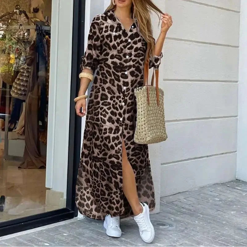 Ingvn  New European American Spring Summer Casual Leopard Print Fashion Slit Extra Long Women's Shirt Dress