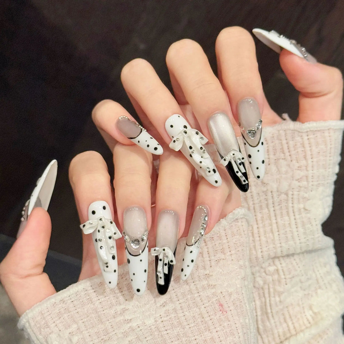 Ingvn  10Pcs Cat's Eye French Handmade Nail Tips Long Stiletto Fake Nail with Colorful Rhinestone Reusable Almond Press on False Nails