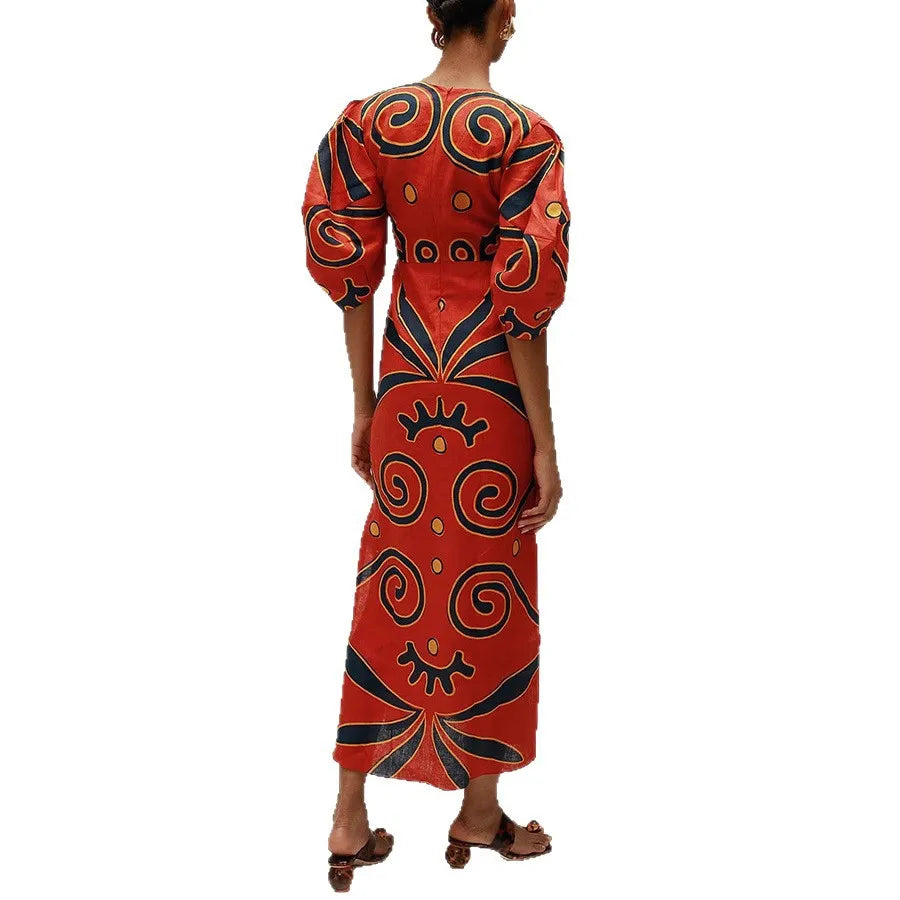 Ingvn  Women Fashion Linen Material  Fashion Chic Print Long Party Dresses Sexy V-neck Hollow Out High Waist Party Dress Lady Robes