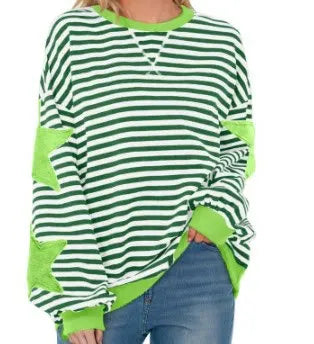 Ingvn - Women Casual Striped Sweatshirt Spring Star Patchwork Round Neck Long Sleeve Loose Pullover Daily Wear