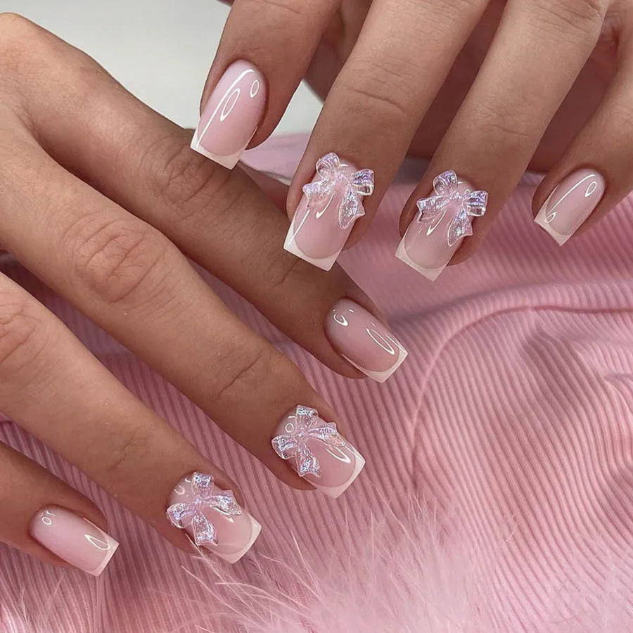 White French Press on Nails 3D Bowknot Designs Nude Color Fake Nails Wearable False Nails Tips for Women DIY Manicure 24Pcs