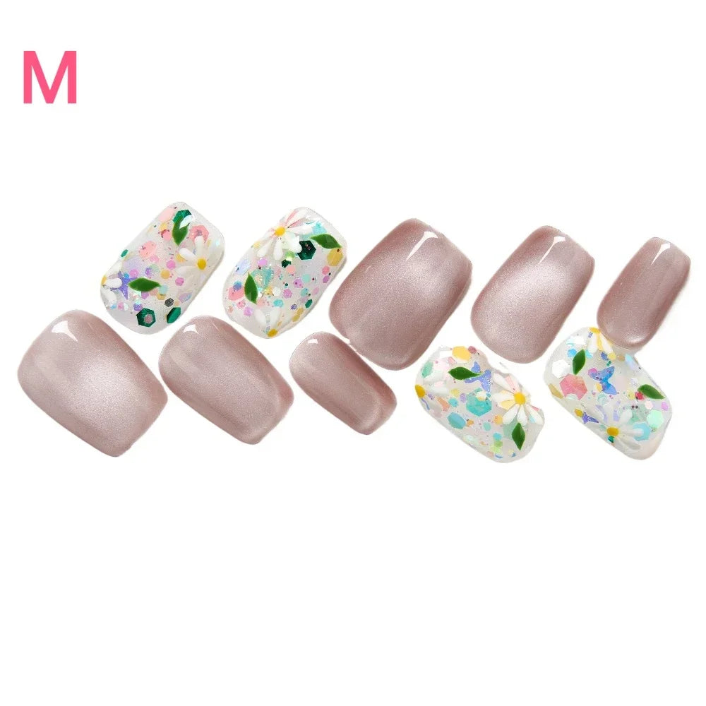 10PCS Short Square Press On Nails Cat Eyes Pink Fake Nails With Multi-Color Floral Designs Summer Collection For Women and Girls