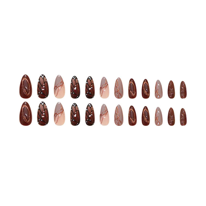 Ingvn  24Pcs Butterfly Wings Press on Acyrlic Nails with Design Medium Autumn Length Fingernails Fake with Charm 3d Textured Nail Tips