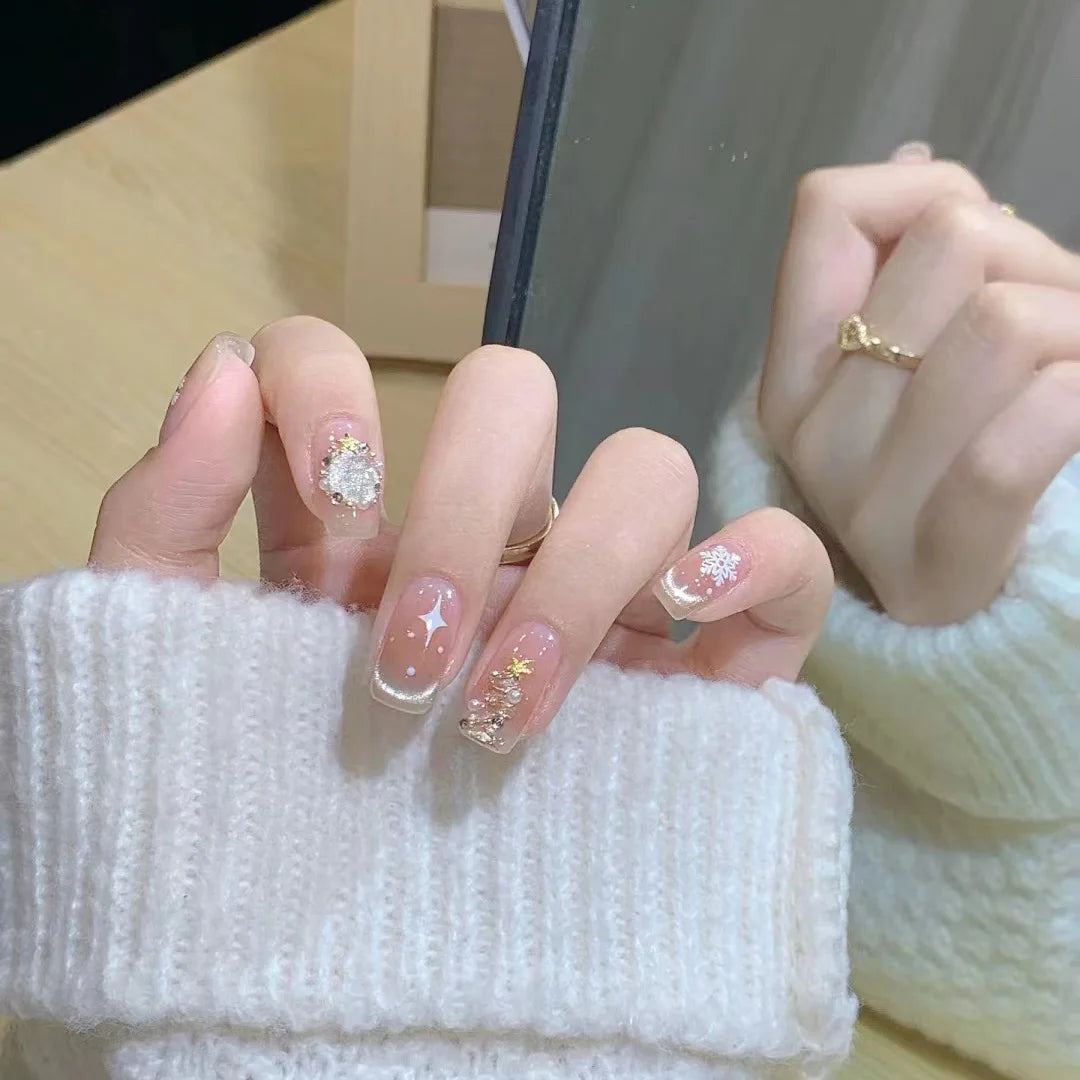 Ingvn  24Pcs Pink Ballet Fake Nails Full Cover Nail Tips Long Ballet False Nails with Rhinestone Chain Design Wearable Press on Nails
