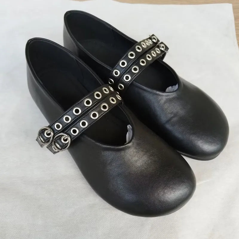 Ingvn  Fashion Rivet Strap Buckle PU Women Ballet Flats Comfor Soft Soles Spring Autumn Lazy Loafers Casual Girls Dance Shoes