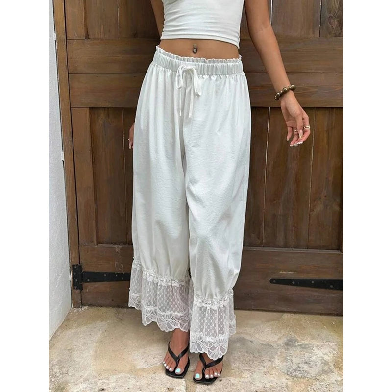 Ingvn  Women Mesh See-through Floral Lace Patchwork Ruffle Hem Bloomer Pants Loose Drawstring Elastic Waist Cropped Trousers