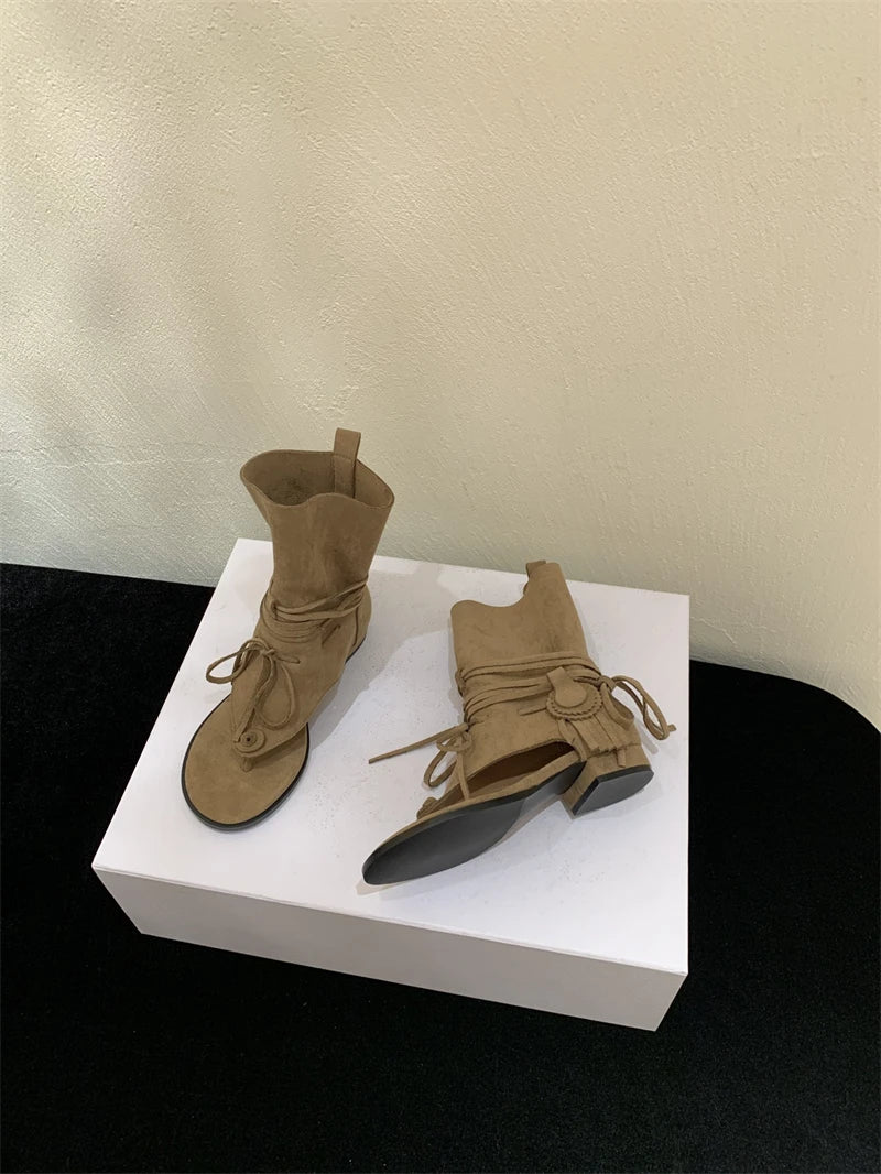 Ingvn  Women Sexy Black Suede Ruffled Boots Women Summer Clip Toe Flat Gladiator Sandals Woman Western Cowboy Boots Sandals