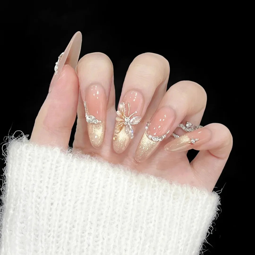 Ingvn  10Pcs Butterfly Rhinestone Full Cover Nail Tips Almond White French Handmade False Nails Press on Wearable Oval Fake Manicure