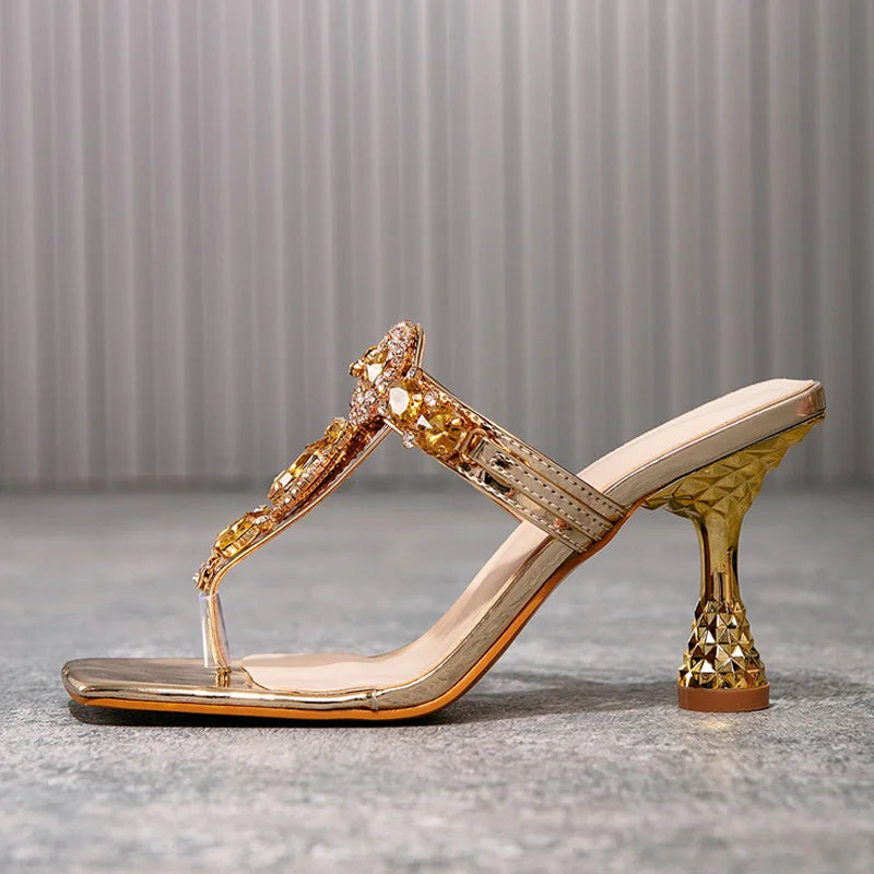 Ingvn  Summer Party Fashion Diamond Slippers Ladies Clip Toe Crystal Narrow Band Flip Flops Women Shoes Low Heels Sandalias Mujer