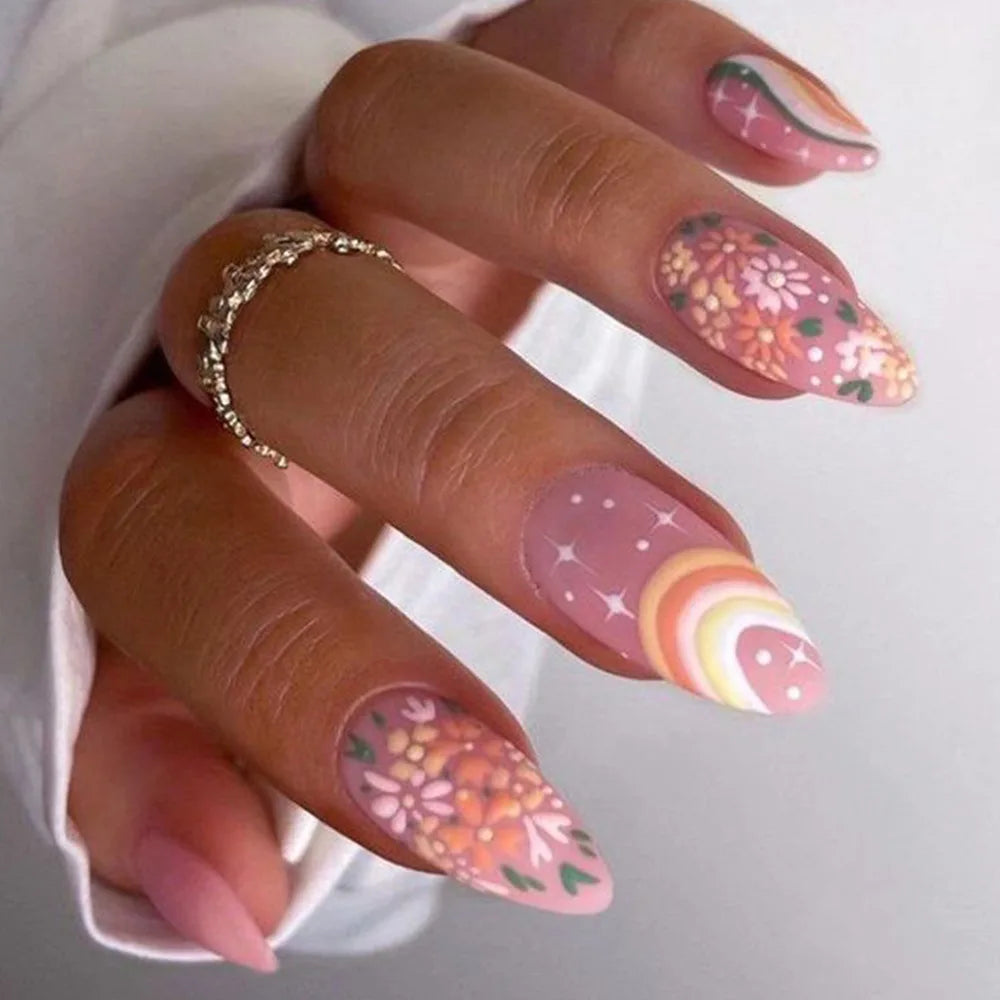 24pcs Spring/Summer Flowers Fake Nail Colorful flower Pattern False Nails Full Cover Wearable Sweet Korean Almond Press On Nails