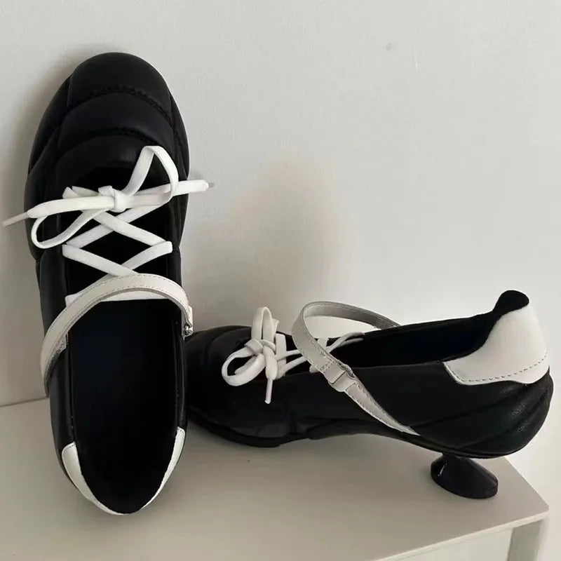 Ingvn  Spring Autumn Cross-tied Women Ballet Shoes Comfortable Round toe Mary Janes High heels Girls Loafers Shoes Zapatoe Tacon Mujer