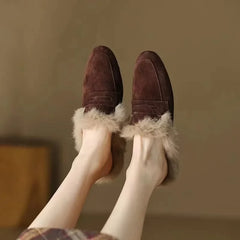 Ingvn  Slip on Simple Shoes Outwear Woman Warm Shoes Mules Natural Suede Flat Shoes for Women SlippersMules Women's Fur Flats Slippers