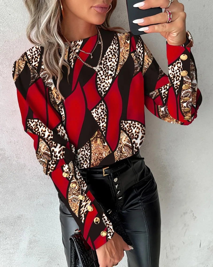 Ingvn  Autumn and winter fashionable printed long sleeved love style round neck button up blouse shirt for women