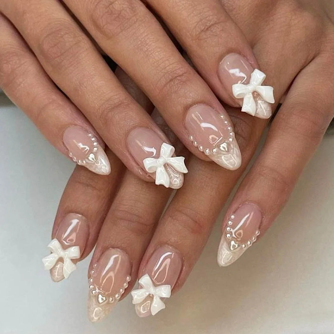 White French Press on Nails 3D Bowknot Designs Nude Color Fake Nails Wearable False Nails Tips for Women DIY Manicure 24Pcs