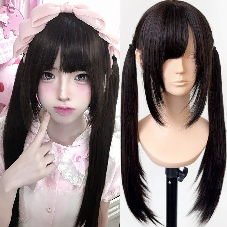 Ingvn - Long Wavy Black Highlight Pink Wig with Bangs Synthetic Diy Cosplay Wig Daily Wear Natural Wig Halloween Costume Wig for Women