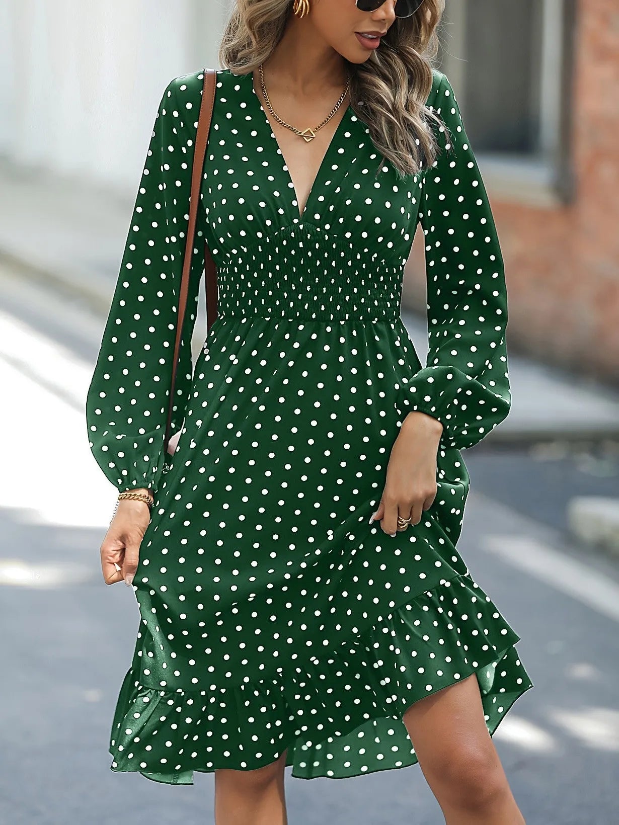 Ingvn  Waist Slimming Polka Dot Long Sleeve Elegant Dress