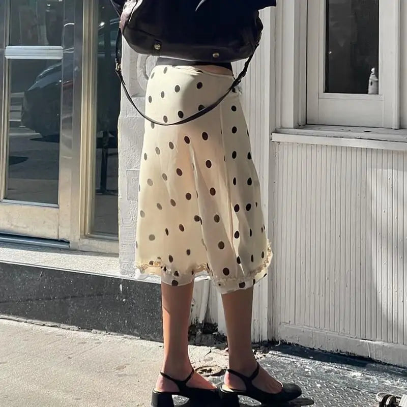 Ingvn  Women Polka Dot Midi Skirt Casual Lettuce Trim Beige Skirt Elegant Streetwear Bottom for Spring All Match Skirts