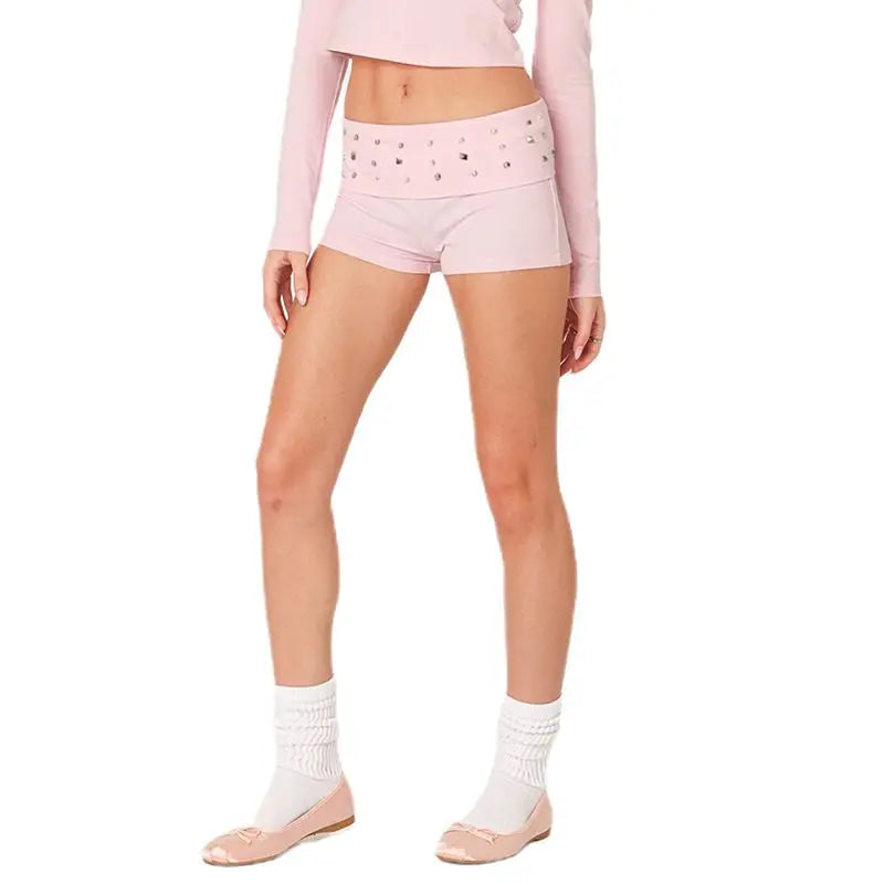 Ingvn  Women's Y2K Elastic Low Rise Studded Shorts Punk Fold Over Waist Slim Fit Skinny Goth Micro Mini Shorts Sexy Loungewear Bottoms