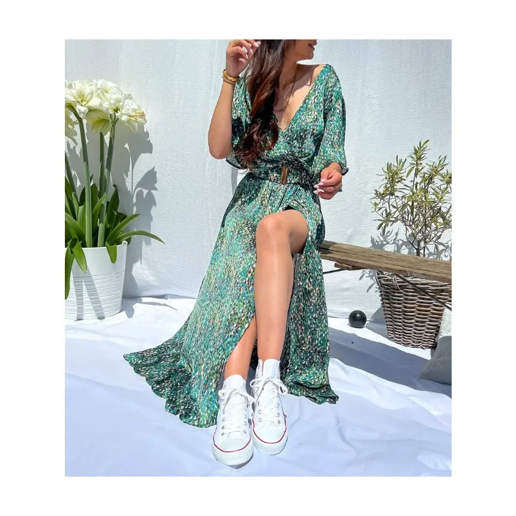 Ingvn  Latest Popular Style Women's Fashionable Temperament V-neck Belt Printed Dress Women's Fashionable Multi-color Long Dress