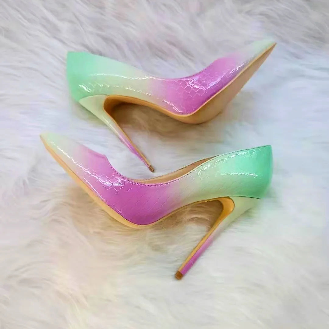 Ingvn - Mint green purple Gradient Pumps Python Patent Thin High Heel Slip On Pointed Toe Party Shoes Woman Low Cut Pumps