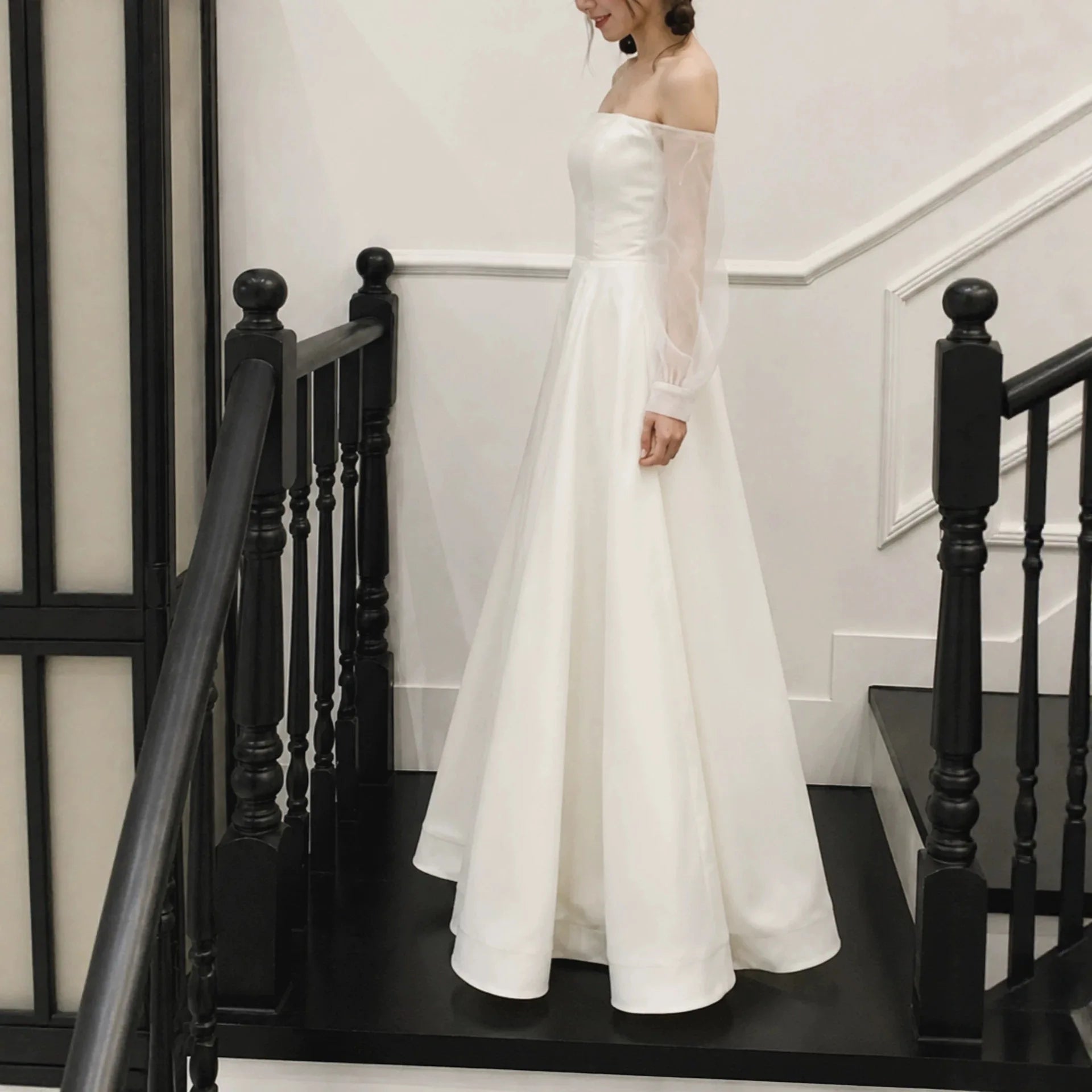 Ingvn - Korean Satin Bridal Gown Off‑Shoulder Sheer Long Sleeve A‑Line Floor Length Simple Wedding Dress For Women Bridal Party