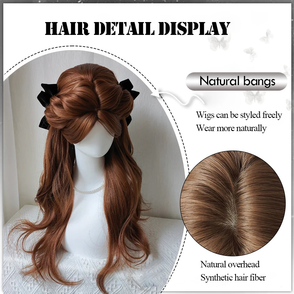 Ingvn  Long Wavy Brown Wig with Middle Part Bangs Synthetic Natural Cosplay Cute Wig Halloween Costume Lolita Wig for Women