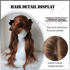 Ingvn  Long Wavy Brown Wig with Middle Part Bangs Synthetic Natural Cosplay Cute Wig Halloween Costume Lolita Wig for Women