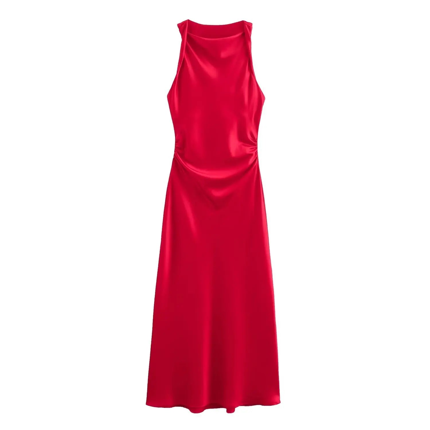 Ingvn  Autumn Satin Texture Sleeveless Midi Dress Round Neck Fashion Evening Dress