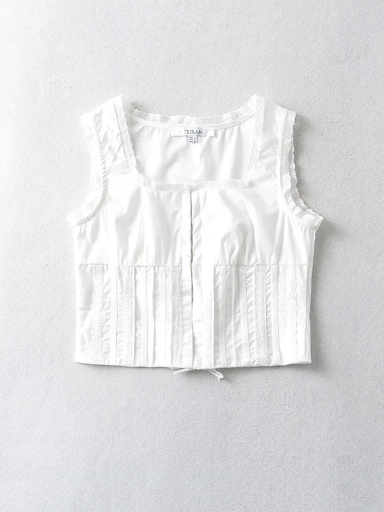 Ingvn  Fashion White Spliced Lace Ruched Slim Sexy Corset Women Summer Back Cross Lace-up Bandage Tank Tops Square Collar Crop Top