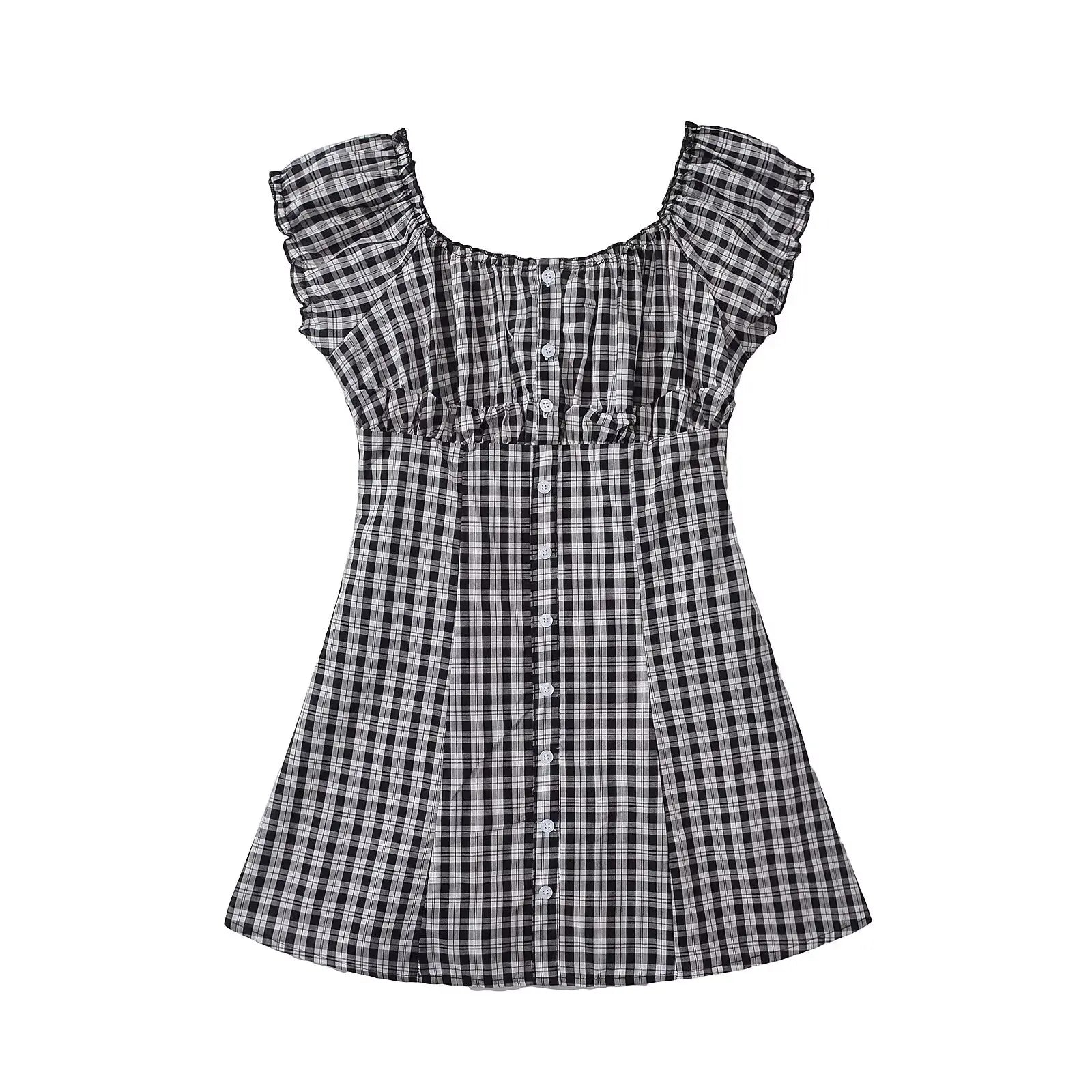 Ingvn  Contrast Color Plaid Open Buttons Slash Shoulder Mini Dress Women Short Sleeve Slim Waist Dresses Holiday Robe Femme