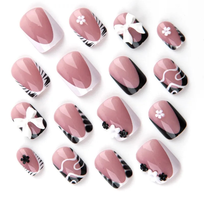Ingvn  24pcs Short Square Acrylic Press on Nails with Design Zebra French Tip Duck Set of False Nails with Tools Realistic Wear Nail