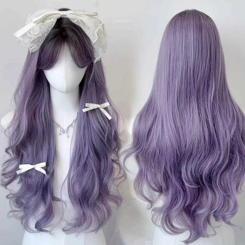 Ingvn  Long Wavy Pink Wig with Bangs Synthetic Cosplay Natural Lolita Purple Green Wig Halloween Costume Wig for Women Daily Wear