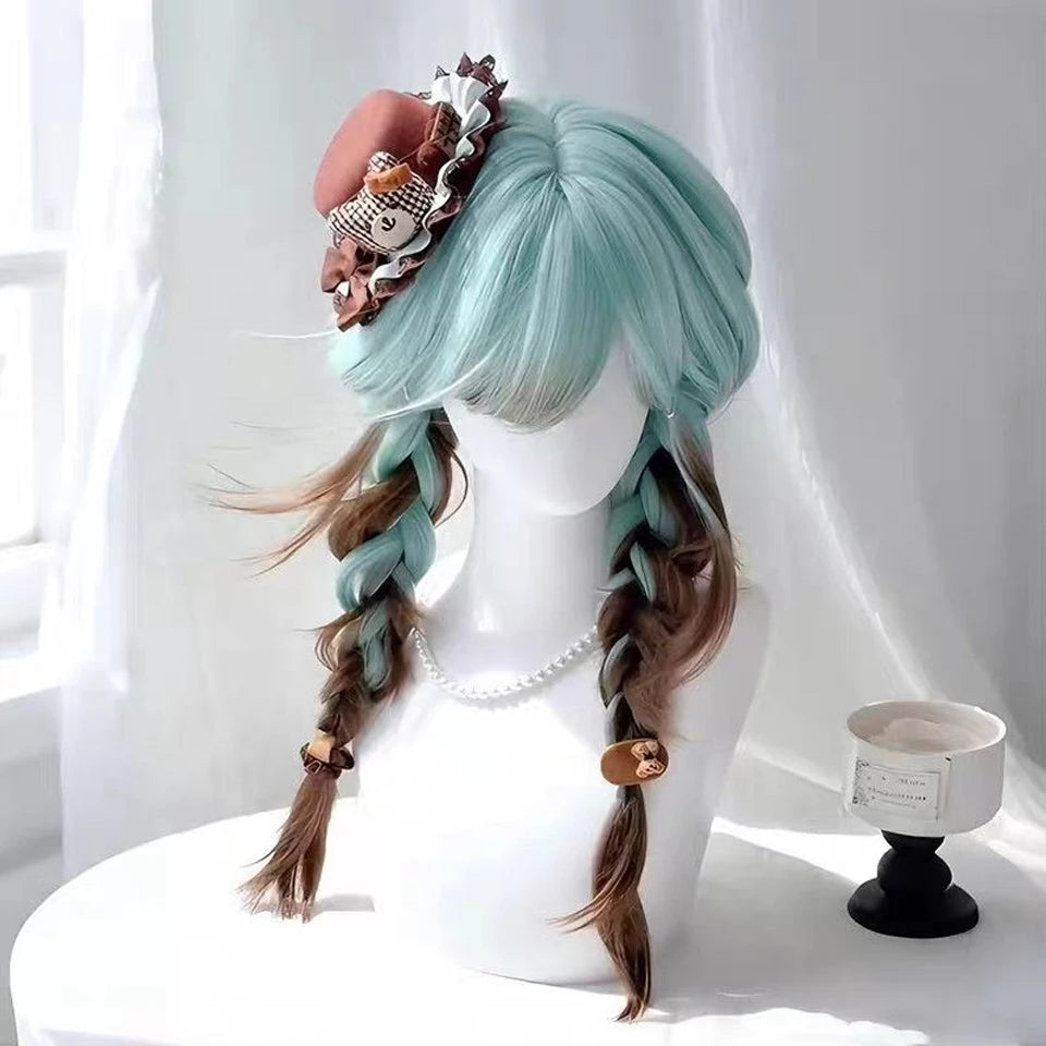 Ingvn - Long Straight Blue Ombre Brown Wig with Bangs Synthetic Natural Layered Lolita Wig Halloween Cosplay Costume Wig for Women