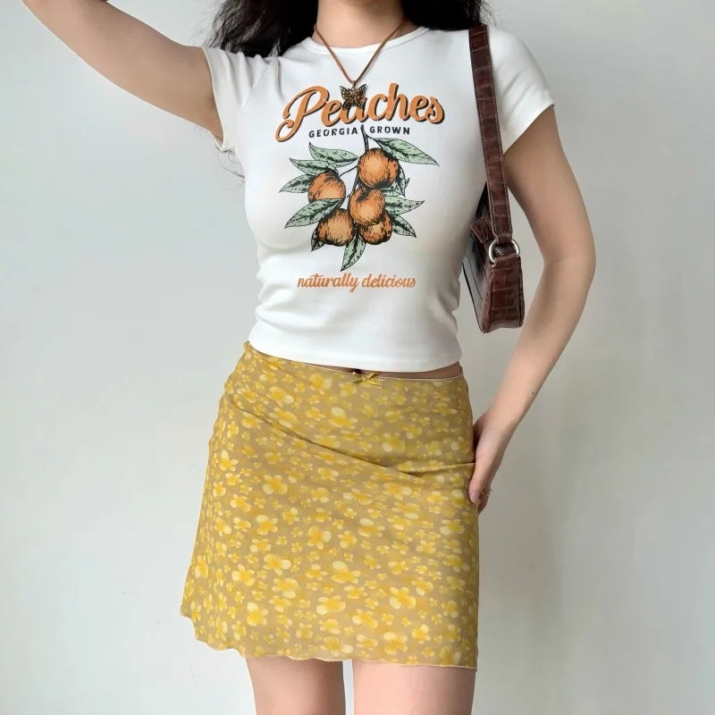 Ingvn  Yellow Butterfly Print Short Skirt Women Hip Hugging Sexy American Retro Summer A Line
