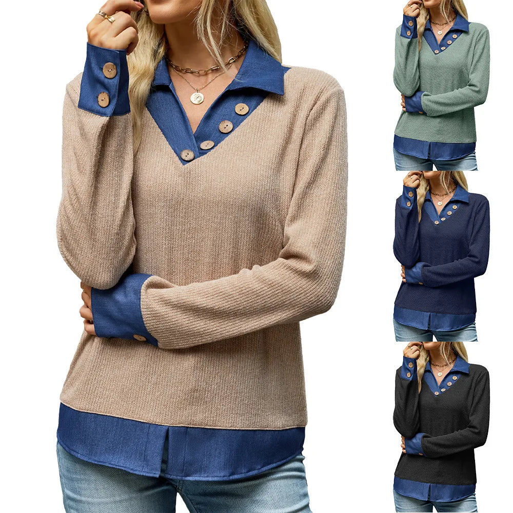 Ingvn  Autumn Women's Collared 2 In 1Pullover  Long Sleeve Button Top |buttoned Cuffs Shirttail Hem Color Collar Top Casual Pullove