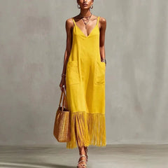 Ingvn  Women's Sleeveless V Neck Tassel Long Dress Fringe Hem Summer Casual Loose Dress  Strap Vacation Sundress with Pockets