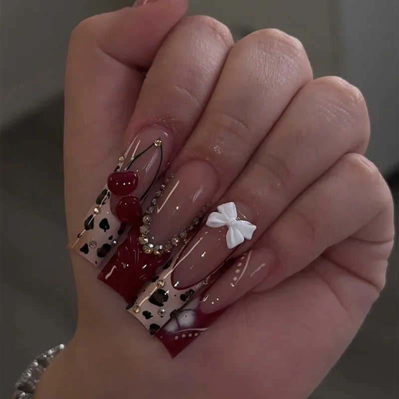 Ingvn  24Pcs Extra Long Red French False Nails Set Simple Sqaure Press on Nails with Flower Shape Rhinestone for Women Fake Nail Art