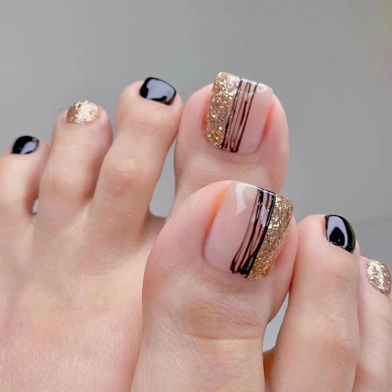 24Pcs Simple French False Toe Nails with Rhinestone Wearable Glitter Toe Fake Nails Shiny Powder Press on Nails Full Nail Tips