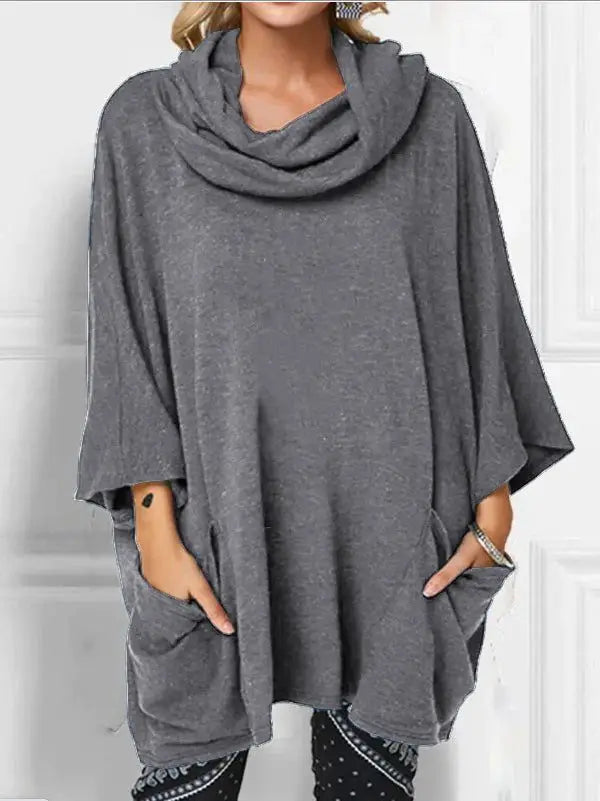 Ingvn  New Autumn Winter Style European American Loose Slouchy Turtleneck High Neck Pocket Pullover Long Sleeve Comfortable Top Women