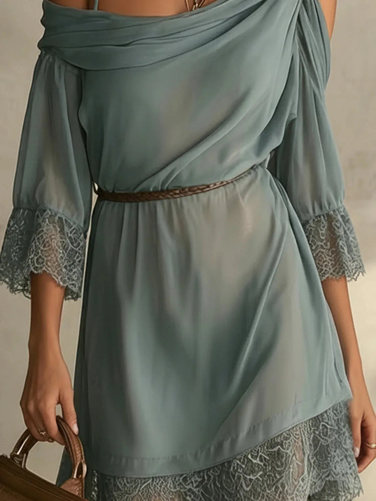 Ingvn  Summer Skew Collar Elegant Lace Dress Woman Party Boho Dress short Sleeves Fashion Date Night Evening Short Dresses