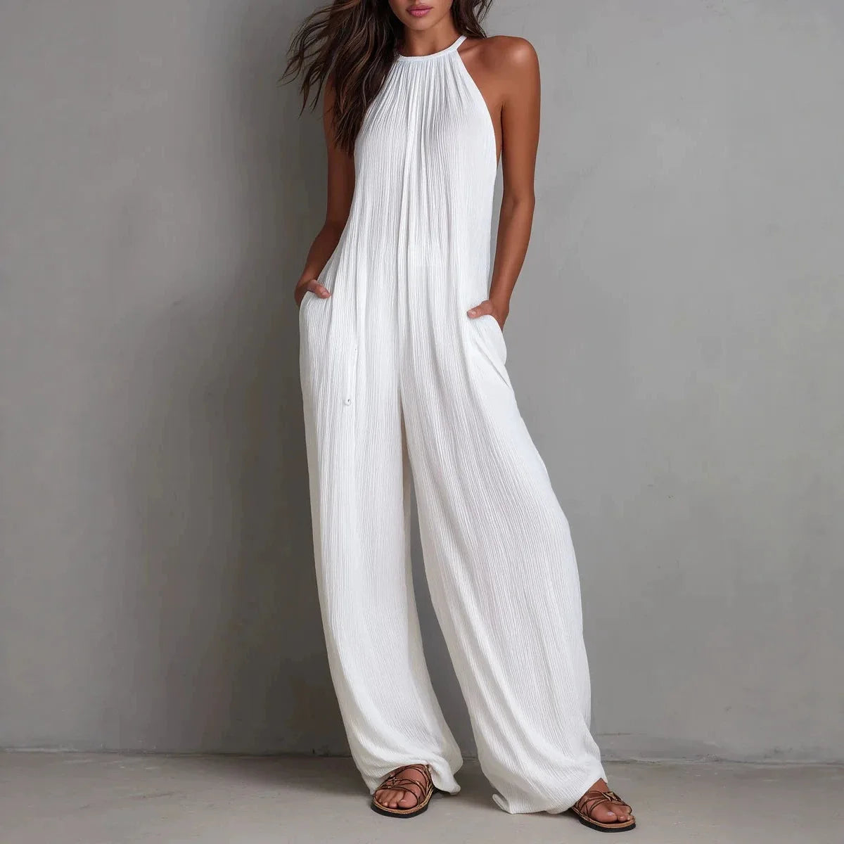 Ingvn  Summer Casual Outfits New Beach Vacation Jumpsuit Women Fashion Halter Sleeveless Textured Overalls Pocket Wide Leg Romper