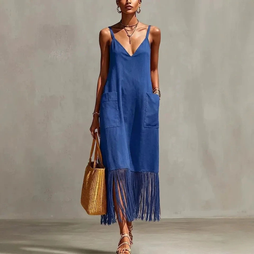 Ingvn  Women's Sleeveless V Neck Tassel Long Dress Fringe Hem Summer Casual Loose Dress  Strap Vacation Sundress with Pockets