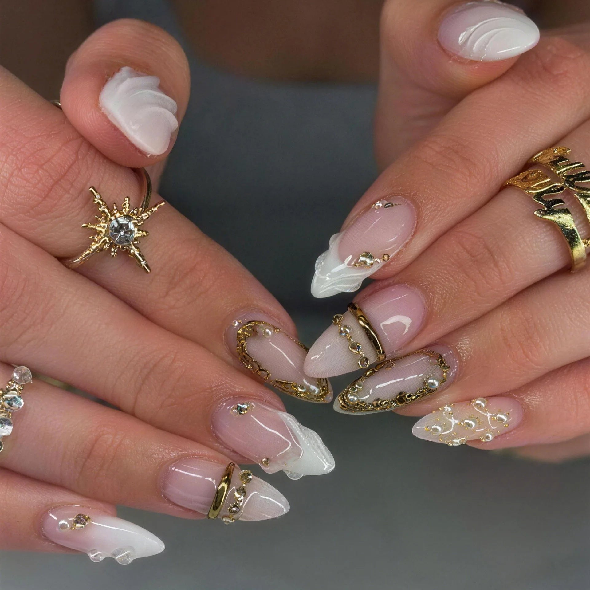 Ingvn  24Pcs Nude Pink Gradient French White Fake Nails Press on Mid-length Almond False Nail with Pearl Gold Chain Polka Dot Nail Tips